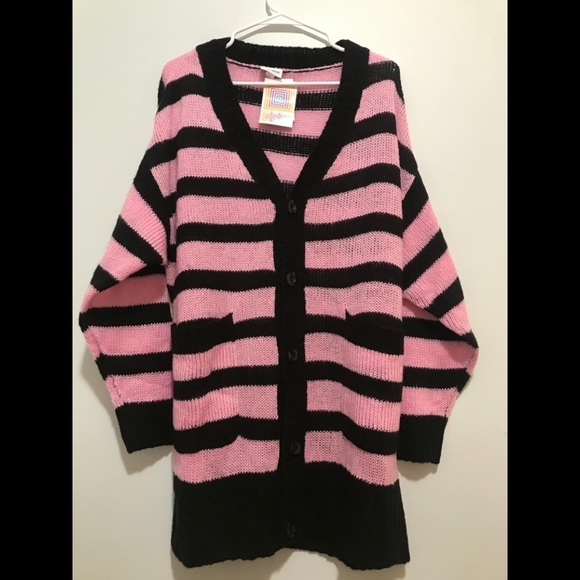 Lularoe Stripe Lucille Cardigan Button Pink/Black - Picture 1 of 13